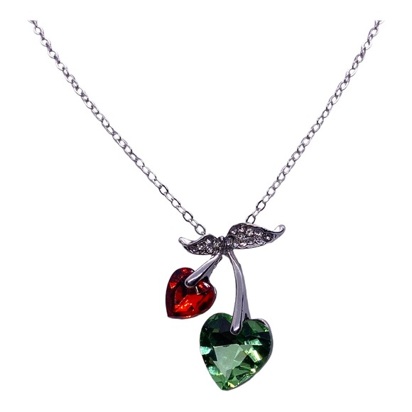 Imitation Red Green Cubic Zirconia Gemstone Cherry Cherries Heart Necklace - Picture 2 of 6